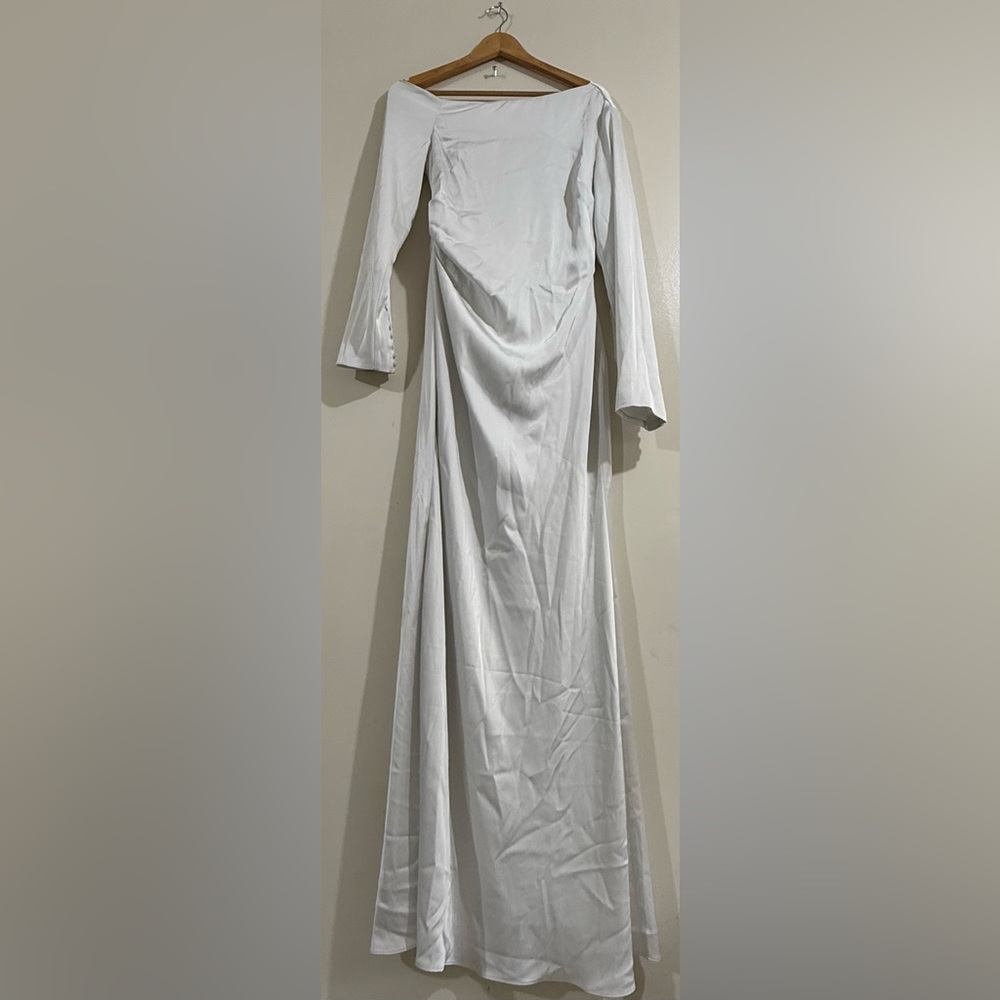 Meshki White Long-Sleeve Bateau Satin Maxi Dress